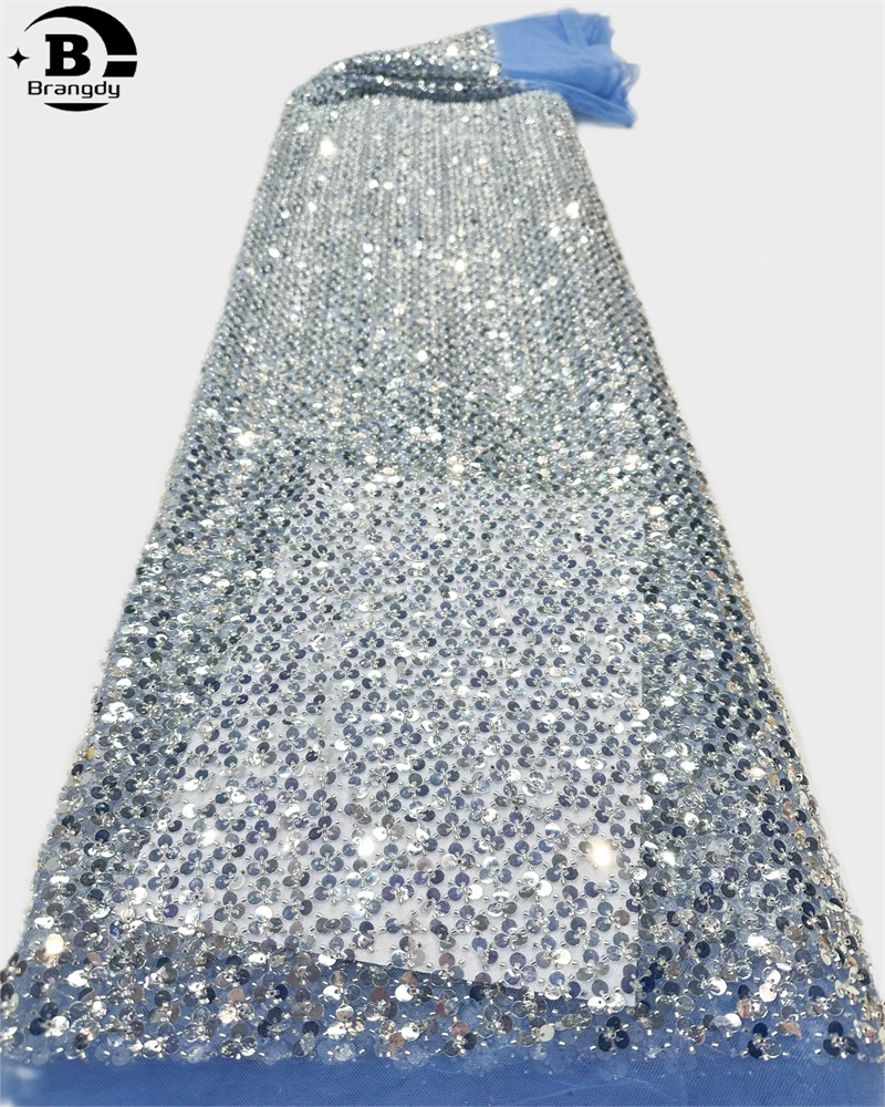 

African Heavy Beaded Lace Fabric 2024 High Quality Nigerian Sequins Beads French Tulle Lace Fabric Material For Wedding Dress