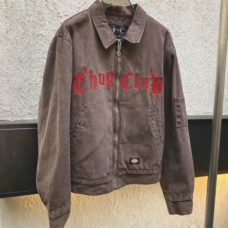 

Streetwear Trends THUG CLUB Jacket Embroidered Letter Lapel Outerwear Retro Casual Washed Do Old Thug Club Jackets