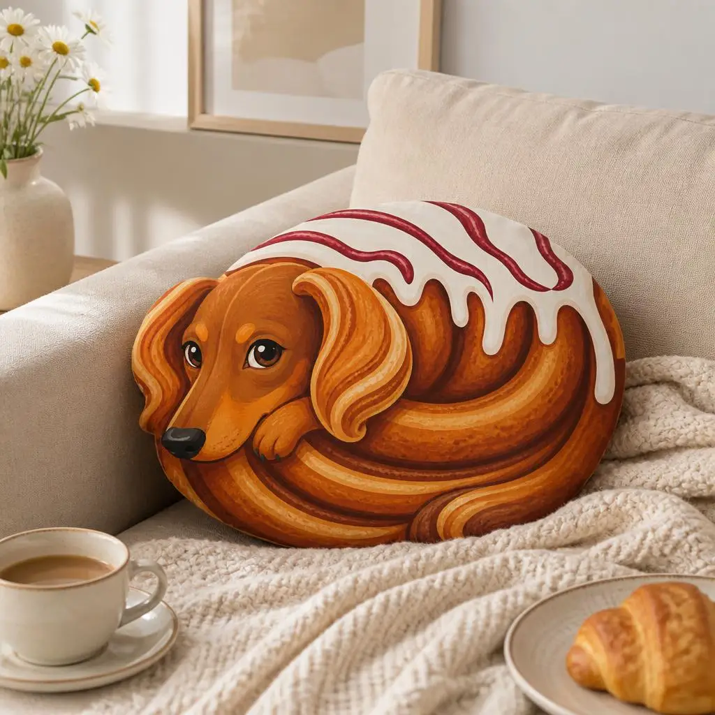 Dachshund Cinnamon Roll Plush Pillow Cute Wiener Dog Cushion Bakery Humor Throw Pillow Stuffed Shaped Home Decor Gift Idea