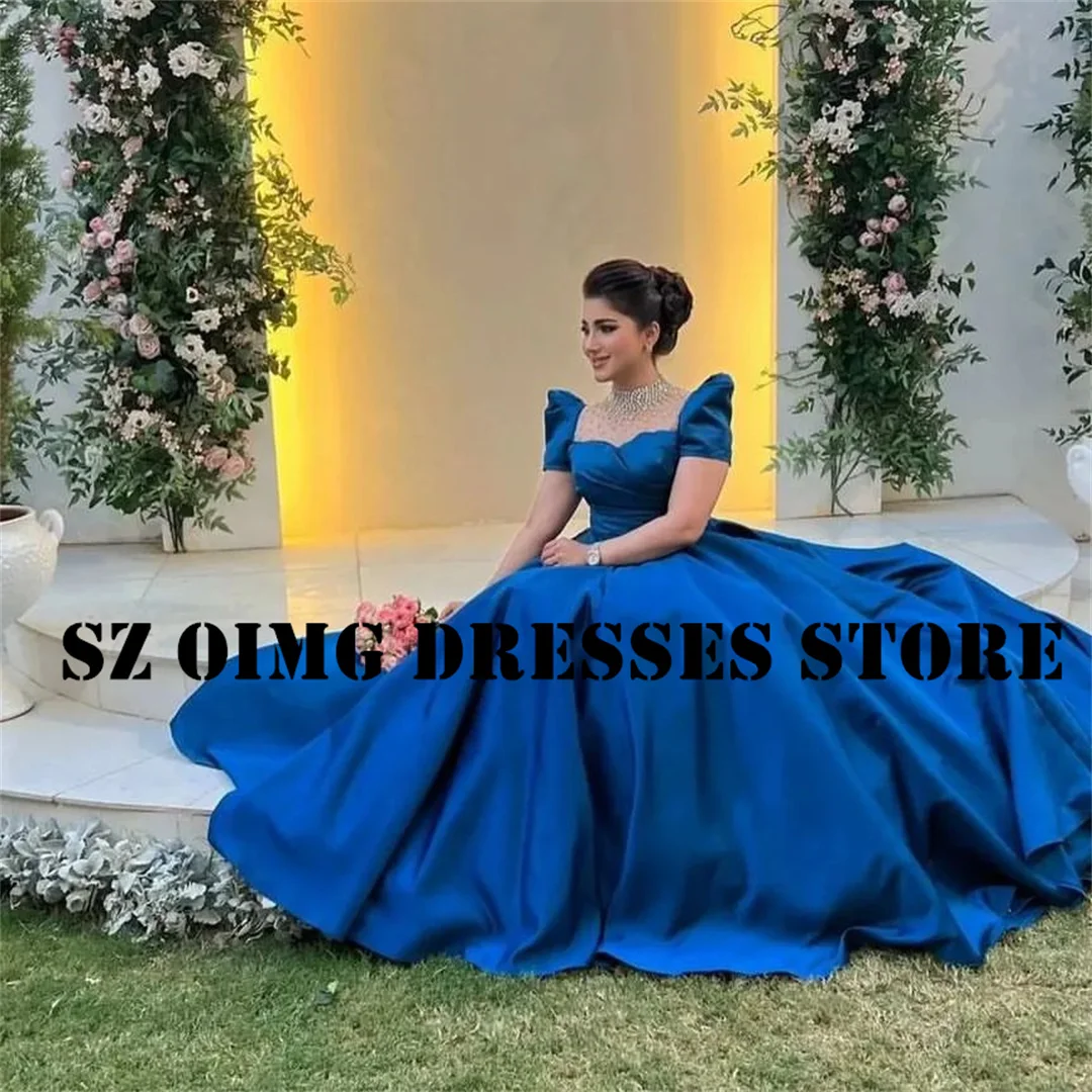 OIMG New Design Prom Dresses Arabic Blue Women Puff Sleeves Elegant Satin Ruched Crystals Evening Gowns Formal Party Dress