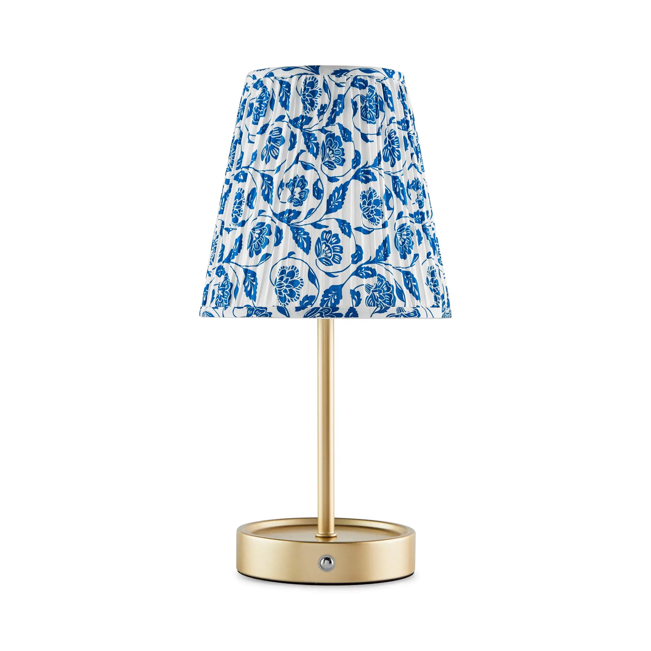 

13" Rechargeable Metal Accent Lamp with Pleated Blue & White Floral Shade
