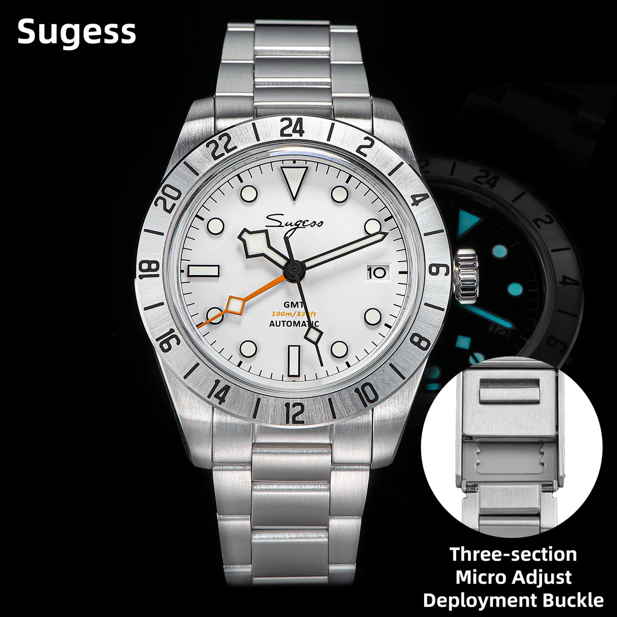 

Sugess GMT Watch of Men Automatic NH34 Mechanical Wristwatches Dome Sapphire Crystal AR Coating 10ATM Waterproof Luxury S431 New