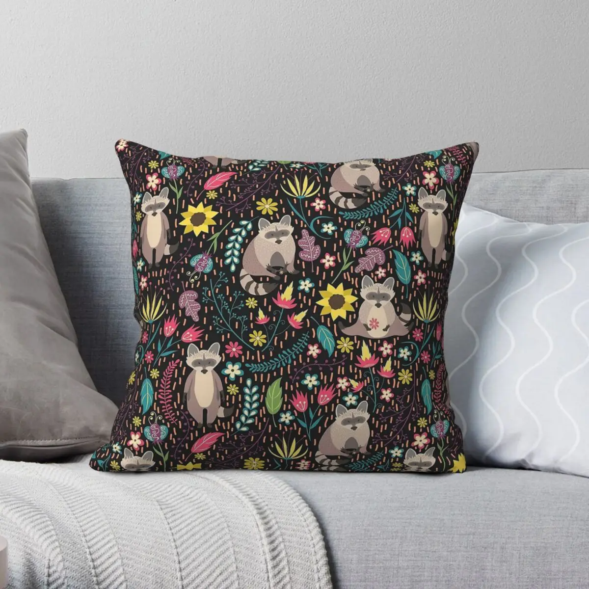 Cute Raccoons Bright Forest Square Pillowcase Polyester Linen Velvet Creative Zip Decor Throw Pillow Case Room Cushion Cover