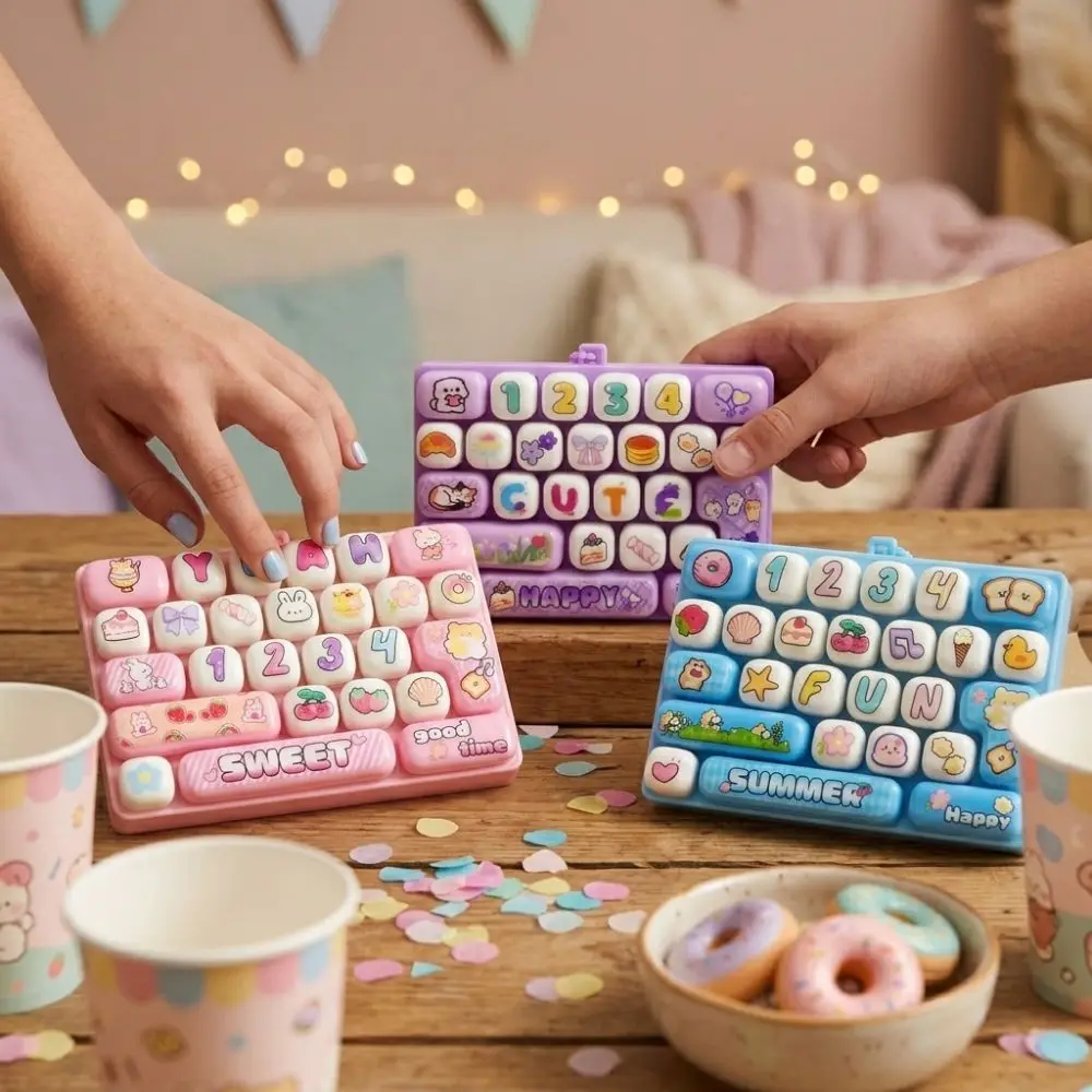 Cartoon 26 Key Keyboard Keychain Clear Key Sounds Plastic Mechanical Fidget Keyboard Clickable Keys Animal Patterns