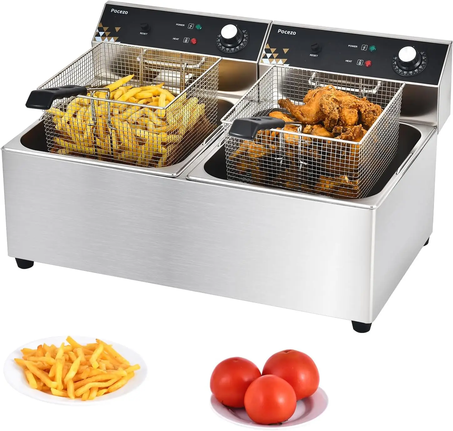 ^Commercial Deep Fryer with Basket, 3400w 19.7Qt Oil Tank/ 8.9Qt Basket x 2, 0.6mm Thickened Stainless Steel Countertop
