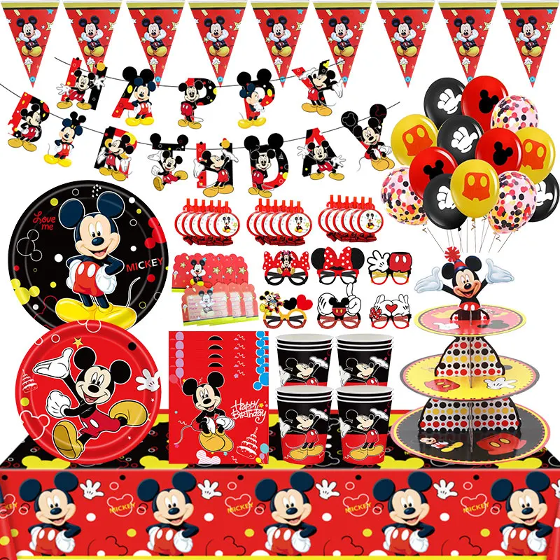Décoration d'anniversaire Mickey, vaisselle, assiette, gobelet, serviette, nappe, ballon Mickey Mouse, bannière de fond, guirlande, fournitures pour fête d'enfants