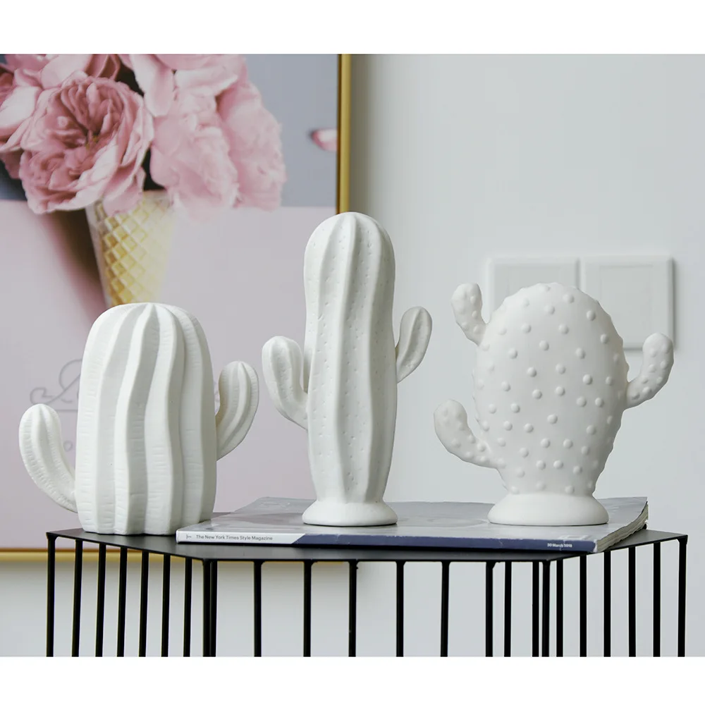 White Ceramic Cactus Sculpture, Matte Cacti Ornament, Modern Minimalist Home Decor, Perfect for Living Room, Office, or Gift