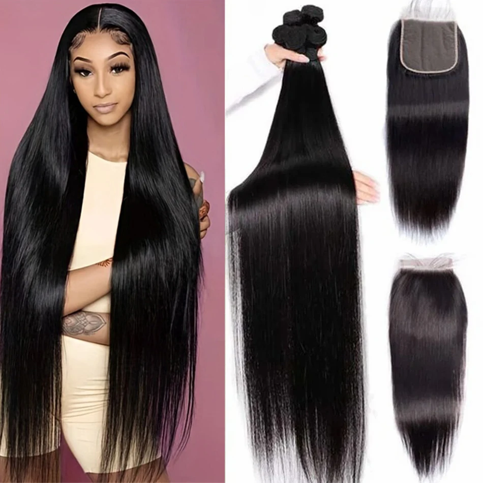 Straight Hair Bundles  Human Hair 4x4 HD Lace Front Unprocessed Virgin Human Hair Weaves Extra Long Straight Hair Bundles