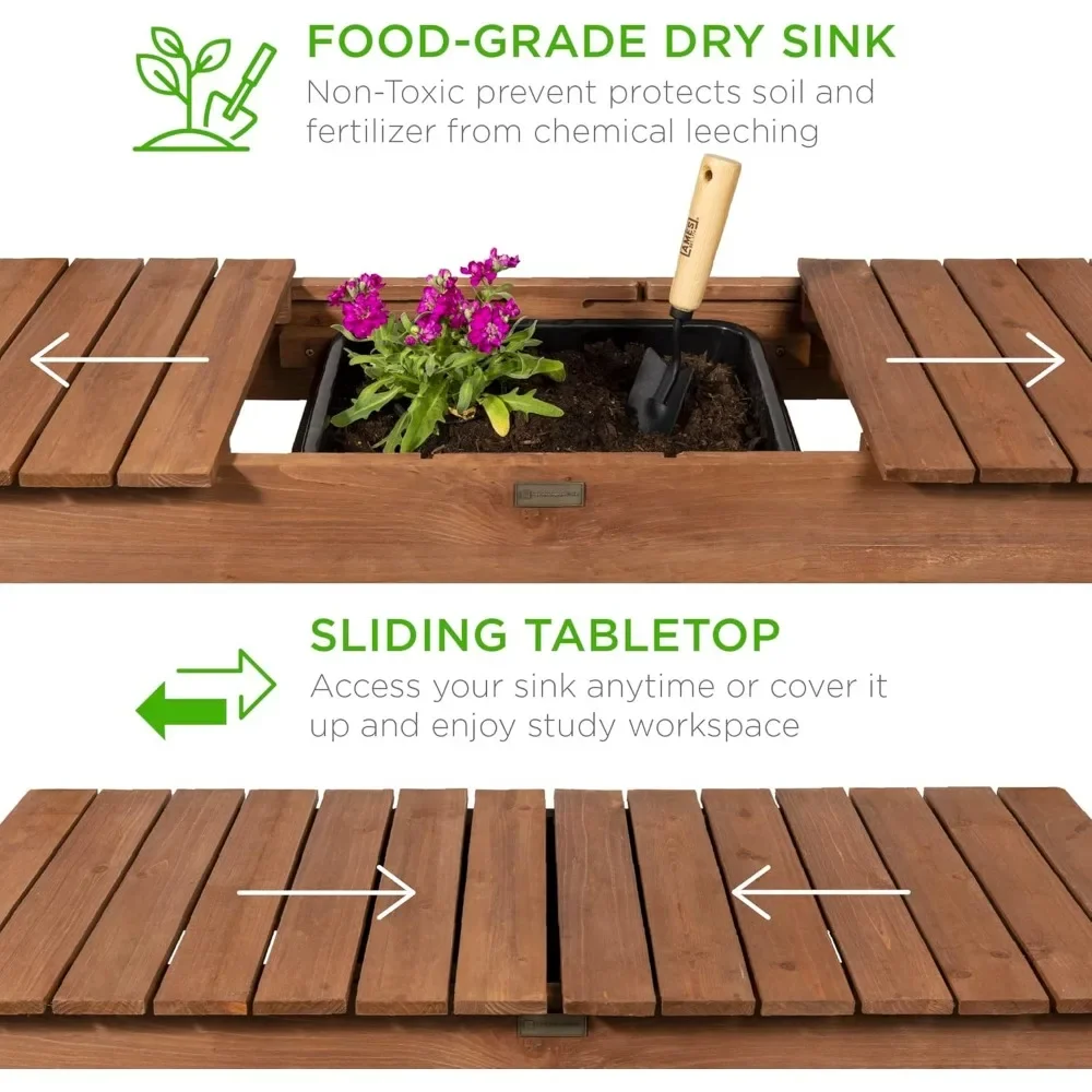 Mobile Garden Potting Bench, Outdoor Wood Workstation Table W/Sliding Tabletop,Food Grade Dry Sink, Storage Shelves - Brown