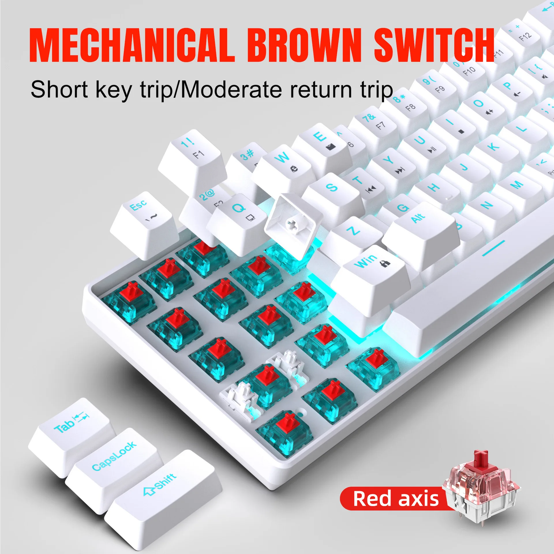 68 key wired mechanical gaming keyboard plug-in axis design dual color injection molded keycaps ice blue light wholesale