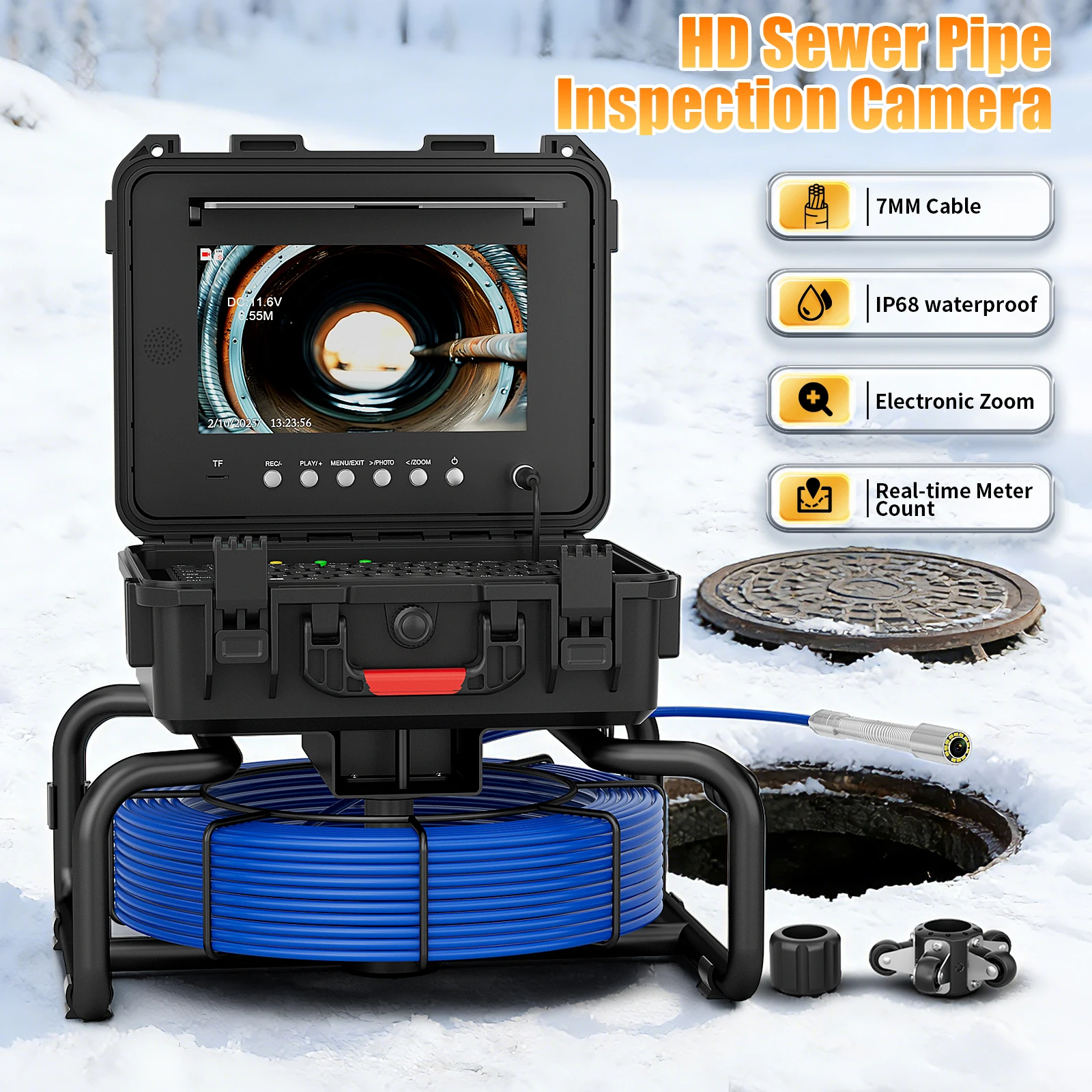 Endoskopkamera – 512-Hz-Funkortung, Zählerzähler, automatische Selbstnivellierung, AHD 1080P, IP68 wasserdicht für die Rohrinspektion