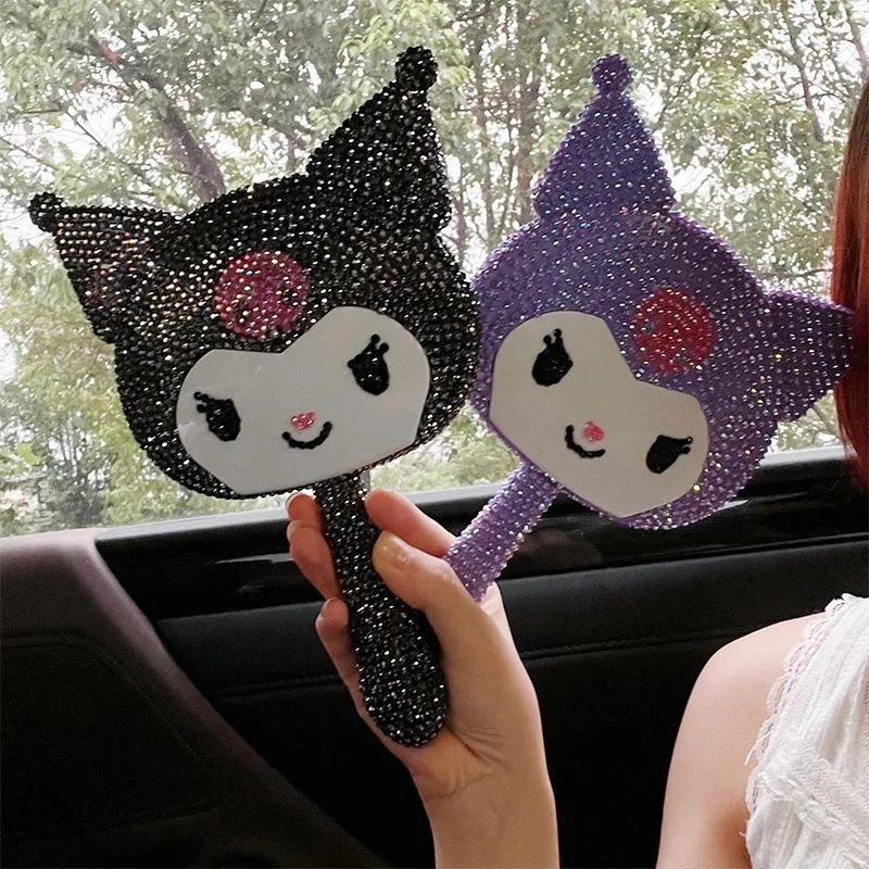 Kawaii Kuromi Cartoon Diy Sticker Full Diamond Handheld Makeup Mirror Material Bag Cute Girl Makeup Mirror Hand Mirror Gift