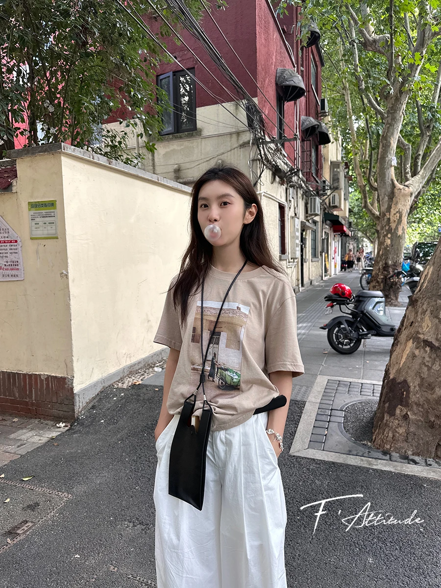 

Футболка SF Street Fighter с круглым вырезом, модная, в стиле ретро, свободного кроя, из хлопка, цвета таффи, женская летняя одежда