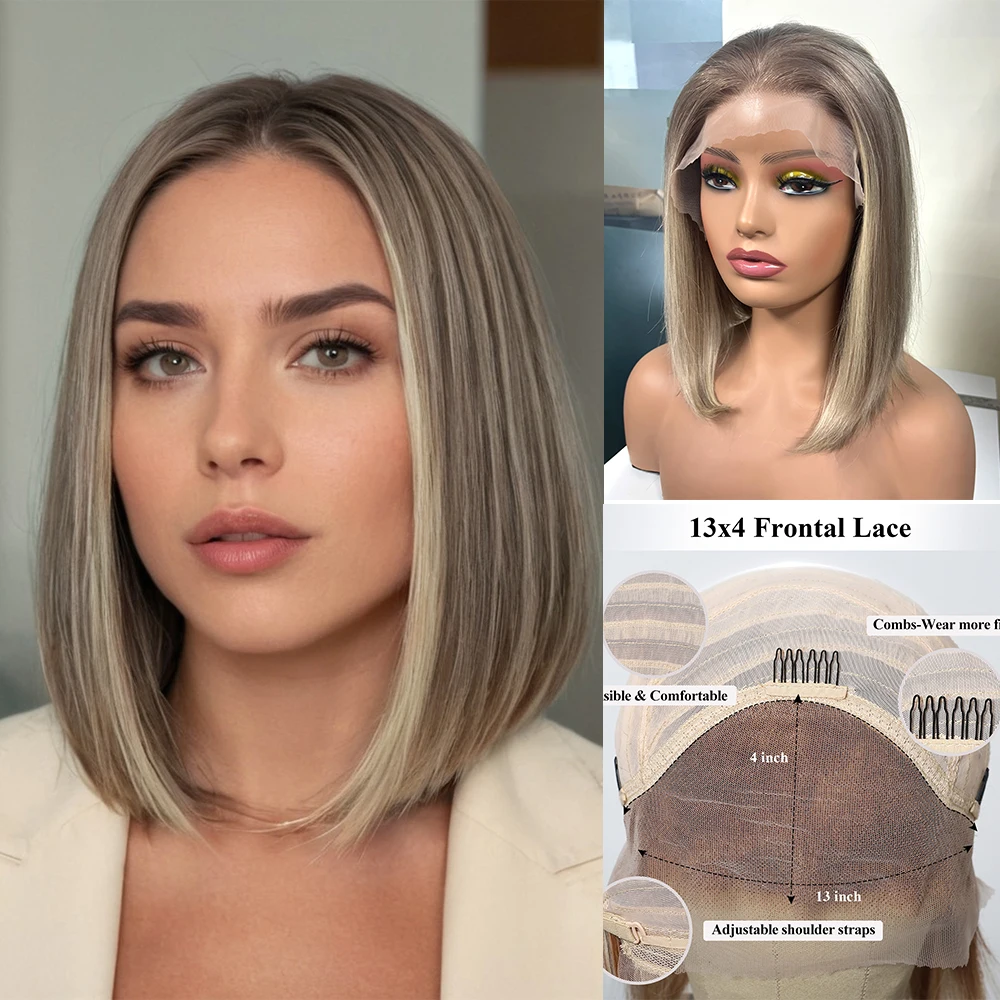 Remy Human Hair 13x4 Lace Front Straight Bob Wigs Grey Brown Blonde Mixed Piano Wig HD Transparent Lace Wig for Women Daily Use