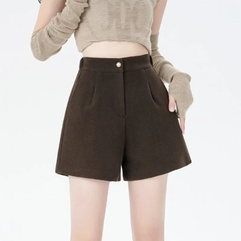 Women Woolen Shorts Solid Color 2024 Autumn Winter Lady Split Wide Leg Short Pants Korean Fashion Female Elegant Baggy Trousers