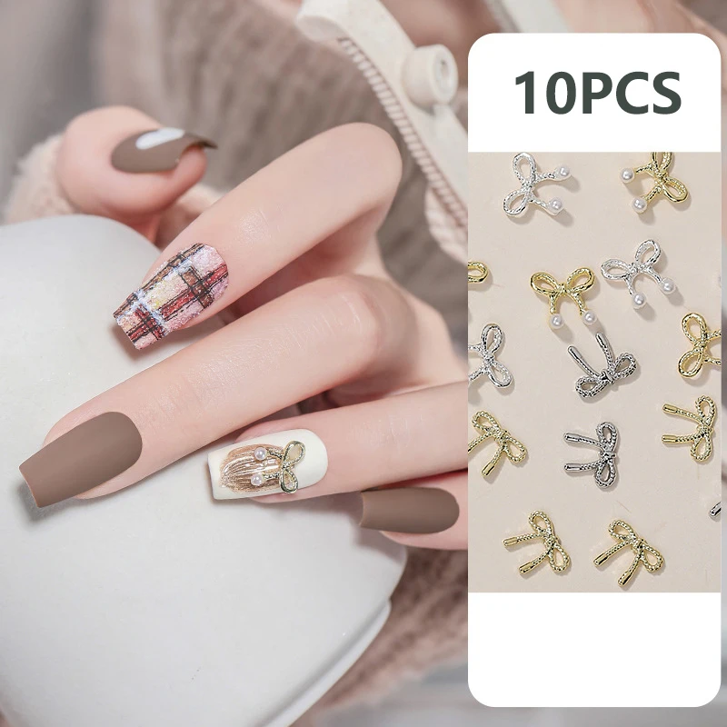 3d prata ouro bowknot em forma de encantos do prego, liga arte do prego strass manicure jóias para diy acessórios do prego salão de beleza 10 pçs