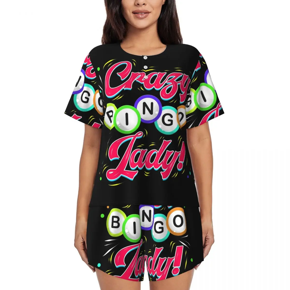 Custom Lucky Game Crazy Bingo Lady Gambling Player Pajama Sets Womens 2 Piece Short Sleeve Pjs Shorts Sleepwear