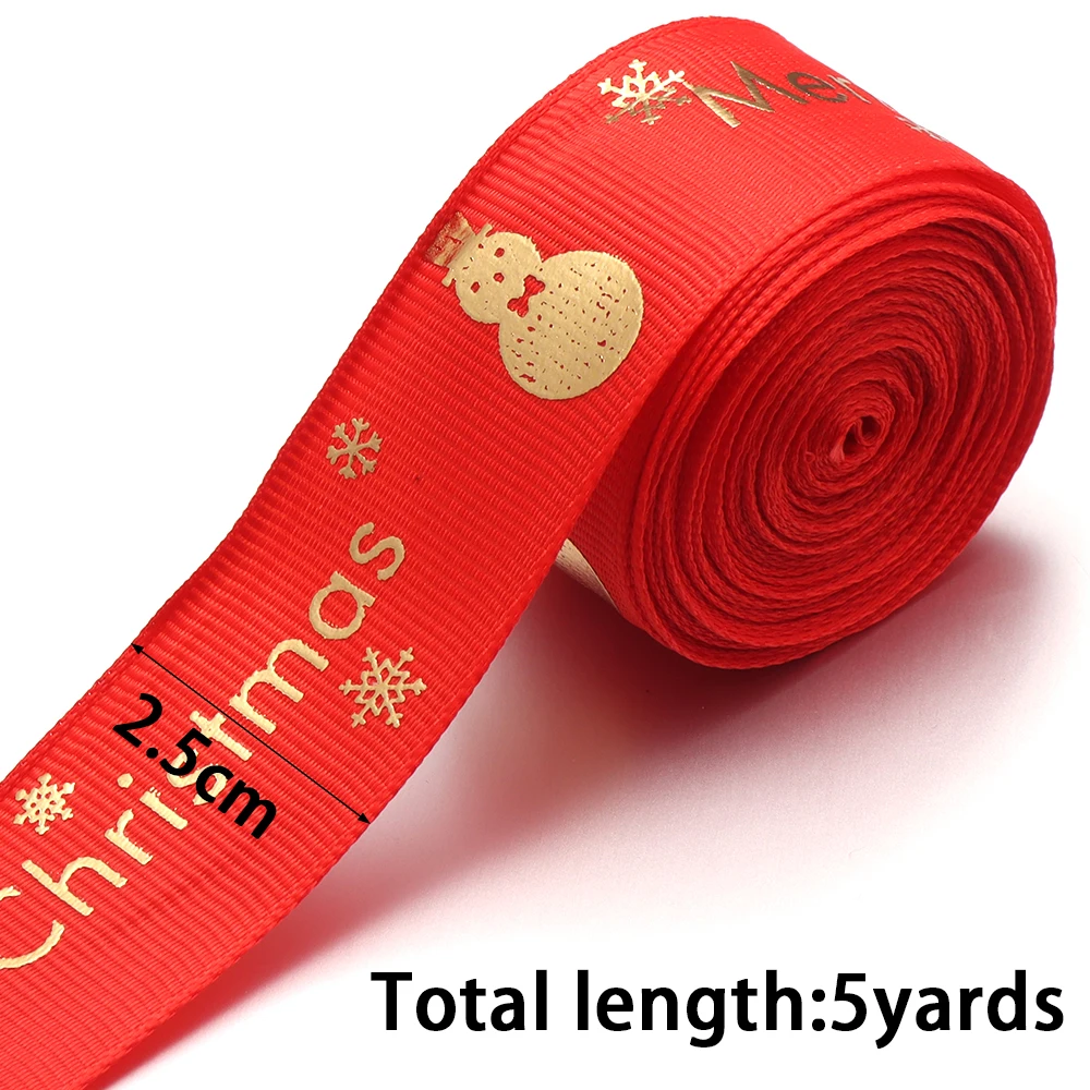 5Yards 25mm Christmas Printed Ribbons Red Green Color Polyester Ribbon For Handmade Design Xmas Party Bows Decor Gifts Packaging