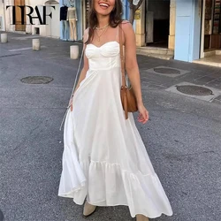 TRAF White Slip Long Dresses for Women Pleated Maxi Dress Woman 2024 Sexy Backless Womens Dresses Semi Sheer Beach Female Dress