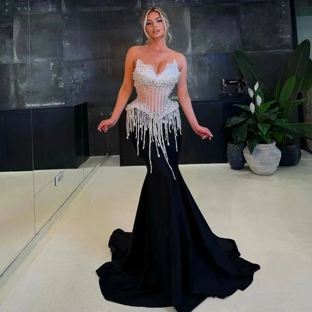 Customized Corset Evening Dresses Sweetheart Rhinestone Mermaid Wedding Party Gown Black Satin vestidos de gala Sweep Train