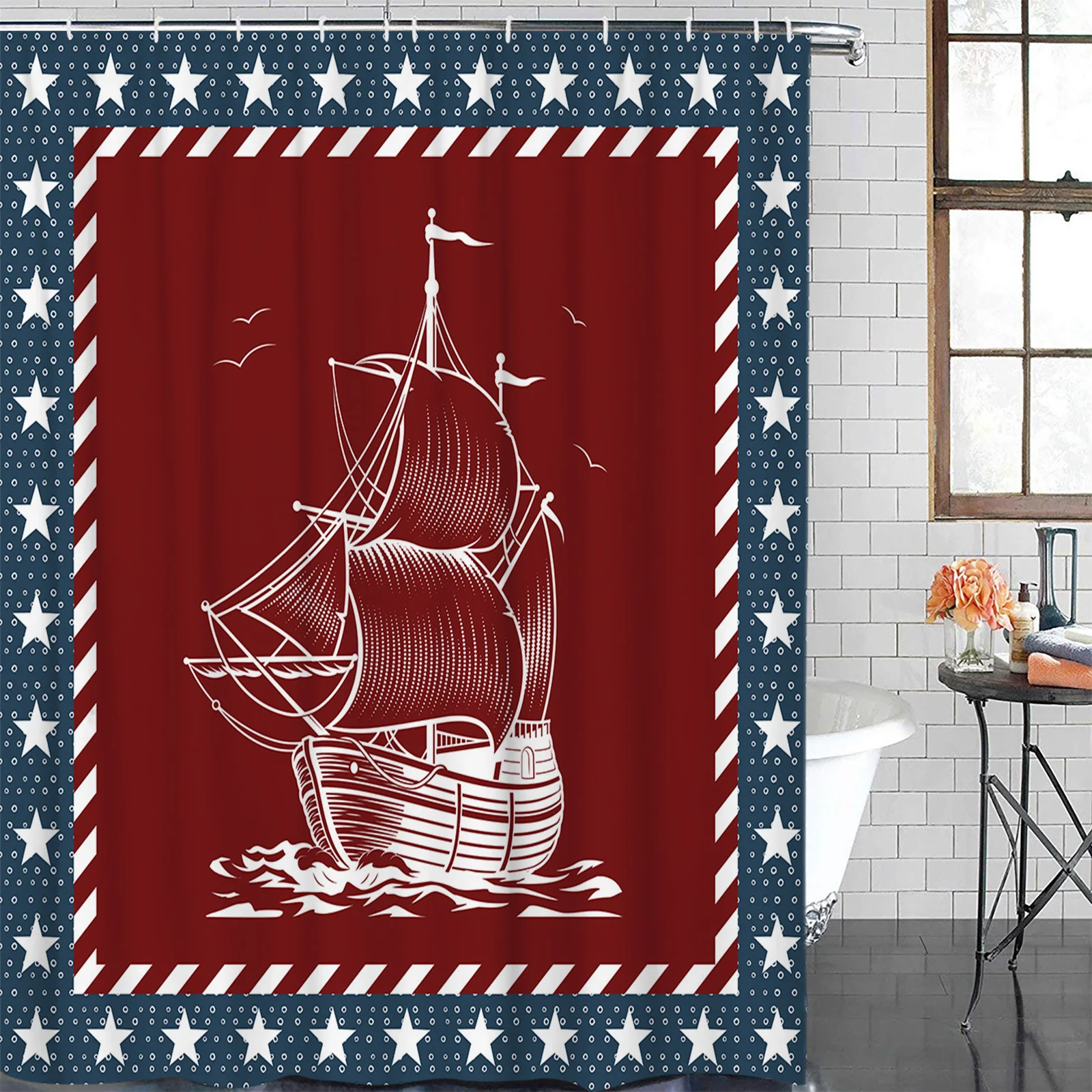 Five-Pointed Star Sailing Ship Waterproof Bathroom Decoration Shower Curtain Printed Bathtub Curtains Bathroom Accessories