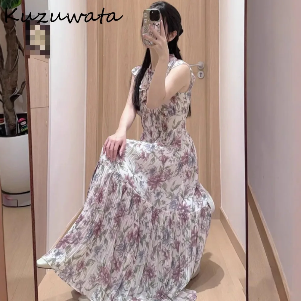 

Kuzuwata New Sweet Ruched Flying Sleeve Mujer Print Slim Waist Mid-length Lace Up Robe Japan Flower Pleated Ruffles Moda Dress