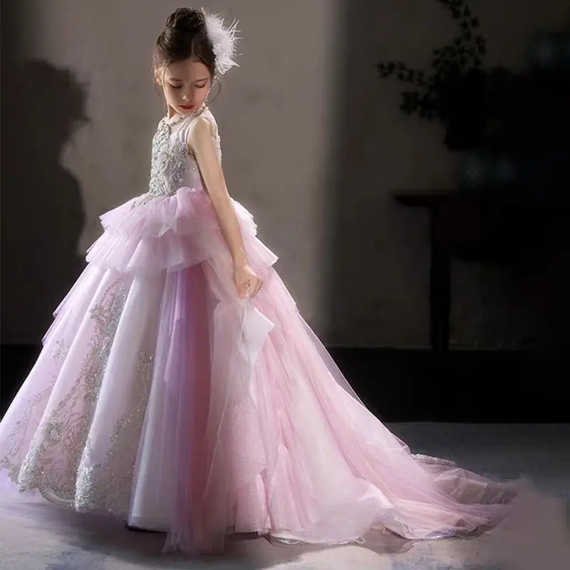 Jill Wish J125 Luxury Pink Beading Arabic Lace Girl Dress Court Train Princess Wedding Birthday Pageant Party Evening Ball Gown