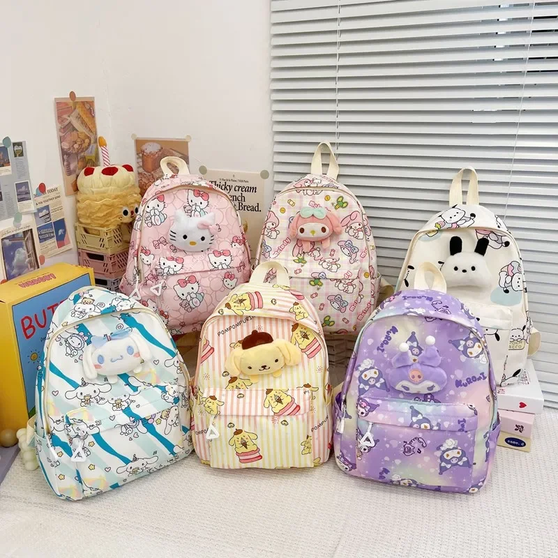 

2024 Sanrio Cute Kuromi Melody Cinnamoroll Large Capacity Backpack Boys Girls Cartoon Hello Kitty Kawaii Canvas Schoolbag