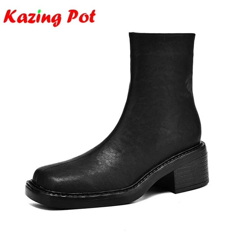 

Krazing Pot Cow Split Skin Chunky Heels Chelsea Boots Winter Autumn Vintage Women French Romantic Zipper Catwalk Ins Ankle Boots
