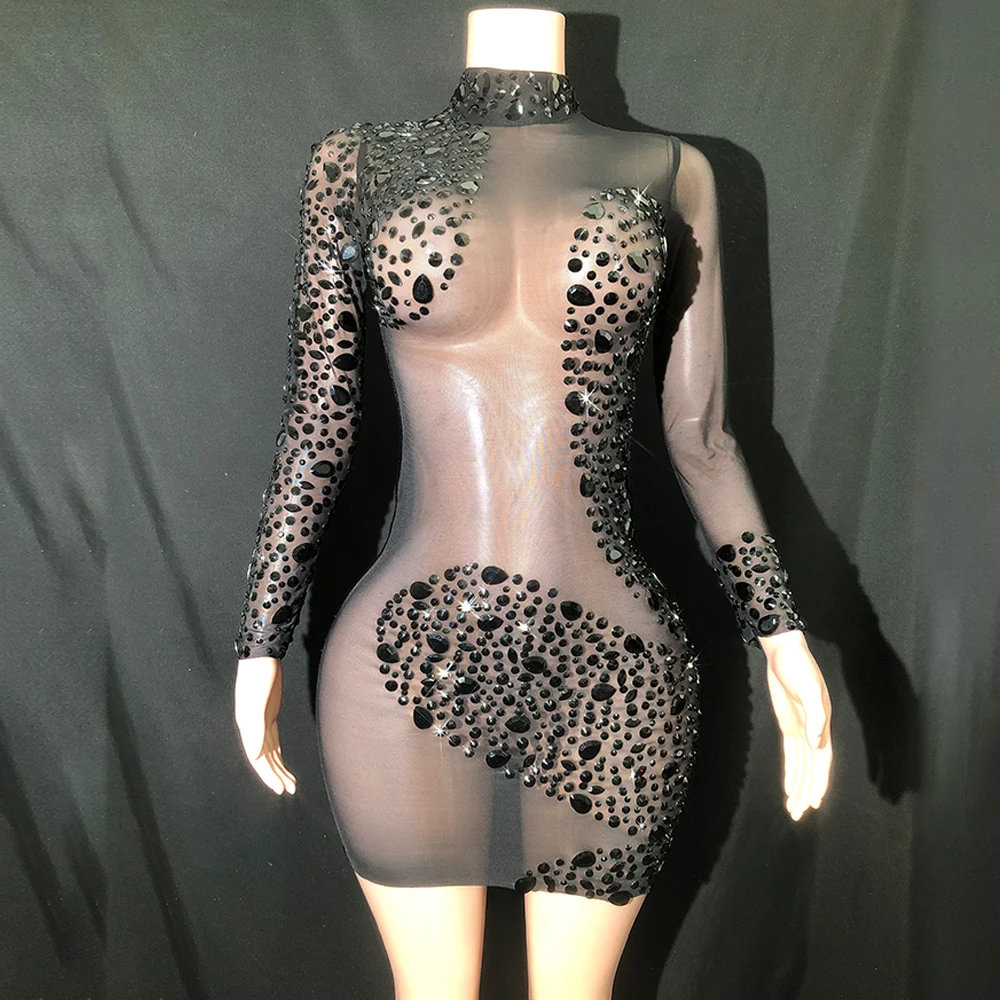 

Customized Mesh lace Transparent High Elastic Sequins Rhinestone SexyTight Dress Birthday Party Dress Performance Longuette