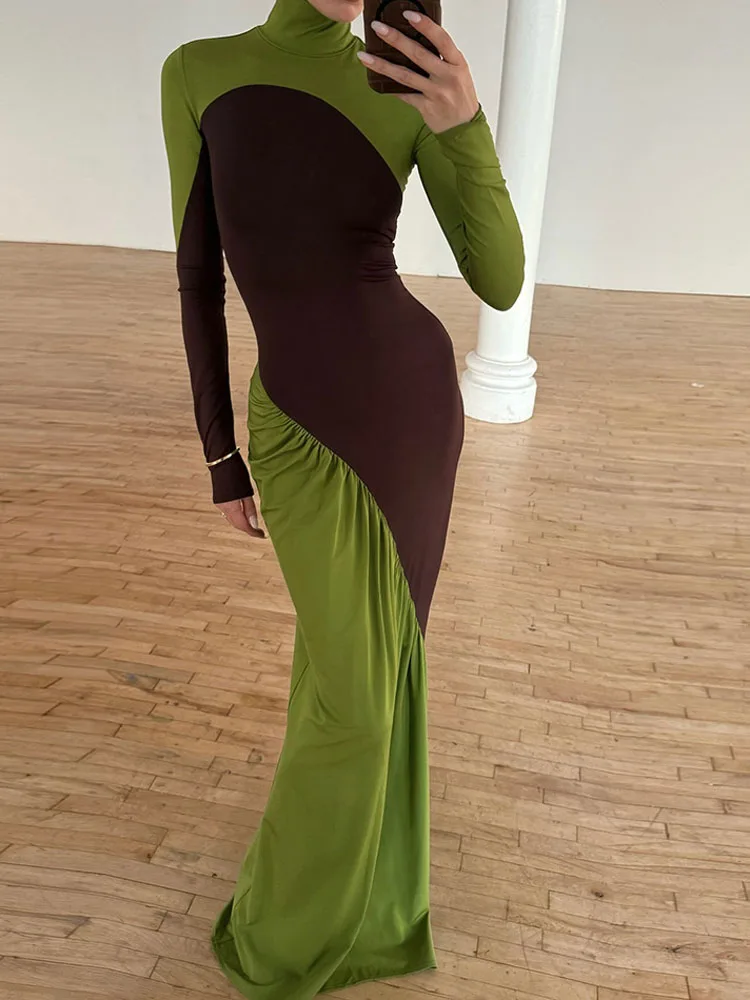 Abito da sera sottile a maniche lunghe con colletto alto sexy Lady Nuovo abito da festa aderente a vita alta con fianchi avvolgenti Abito da festa aderente a blocchi di colore