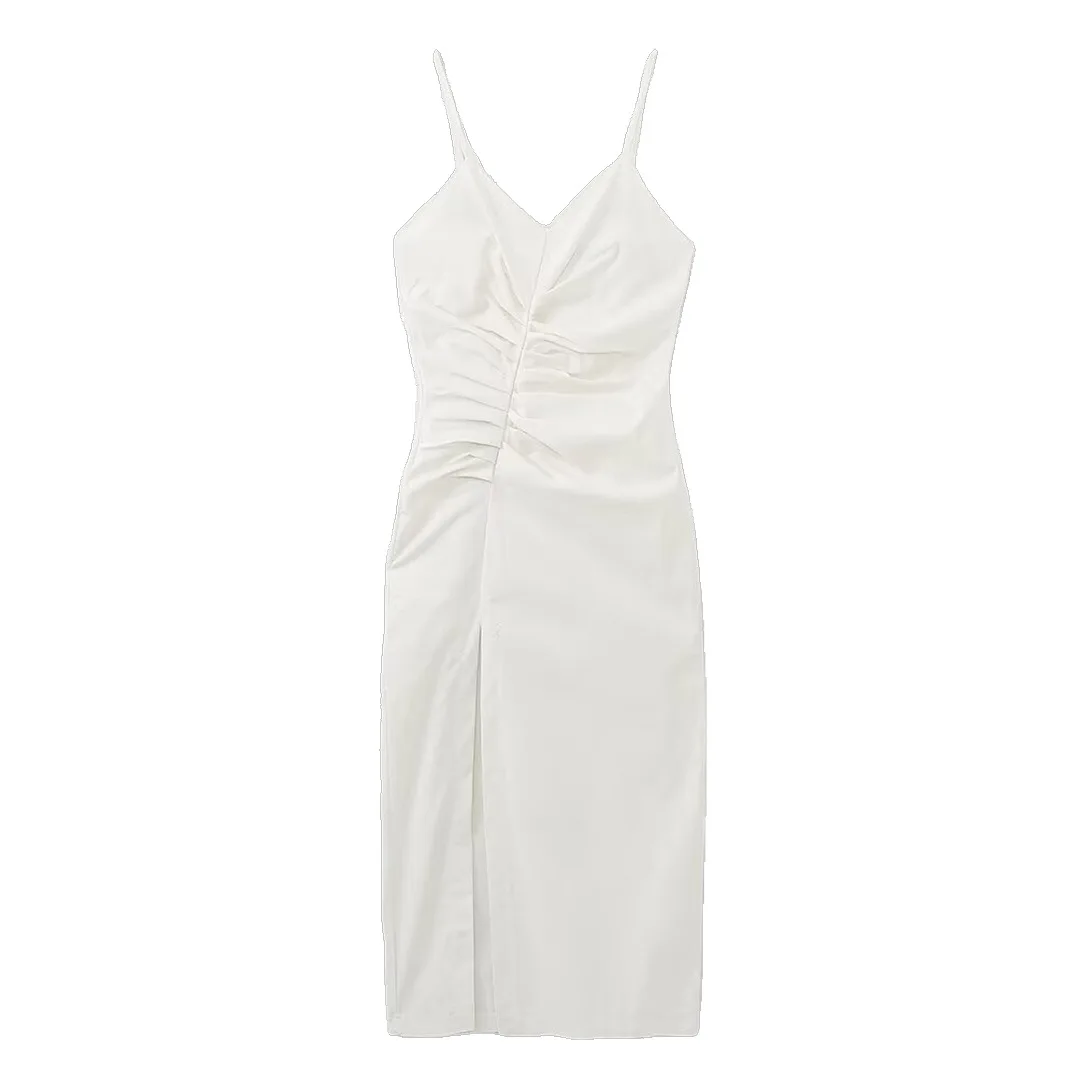 Abito longuette bianco da donna elegante con spacco increspato Abito longuette nuova moda estate 2025 Abito tubino casual chic per le vacanze
