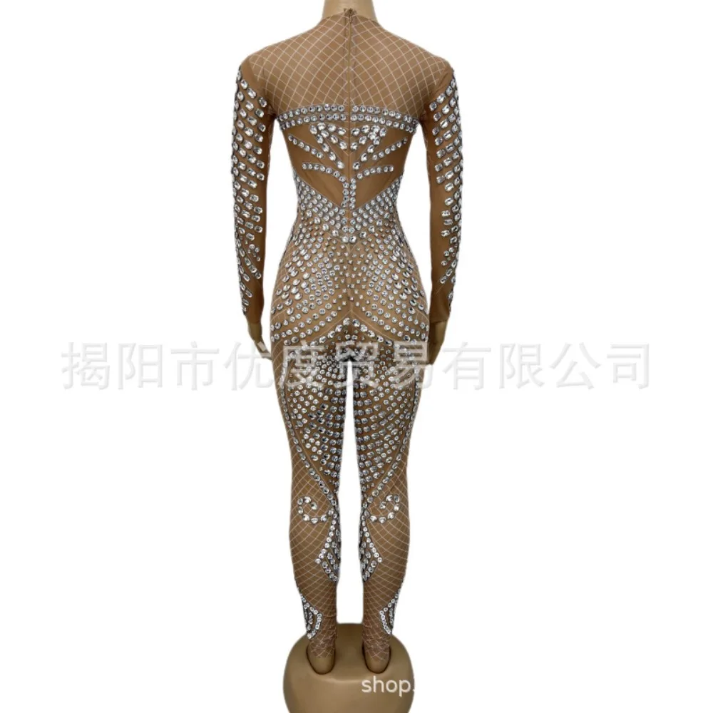 Grid Design Langarm einteiliges Strass Wind Sängerin DJ Empfang Nacht Party Performance Anzug Spinne Slinky Kleider