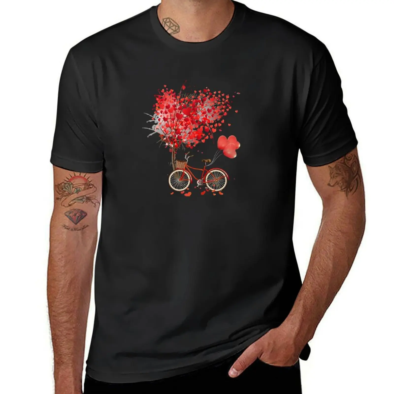 Love biking. Love. Bike. Hearts. Ride a bike. Balloons. Red heart. Tree. Romantic story. Romance. T-Shirt