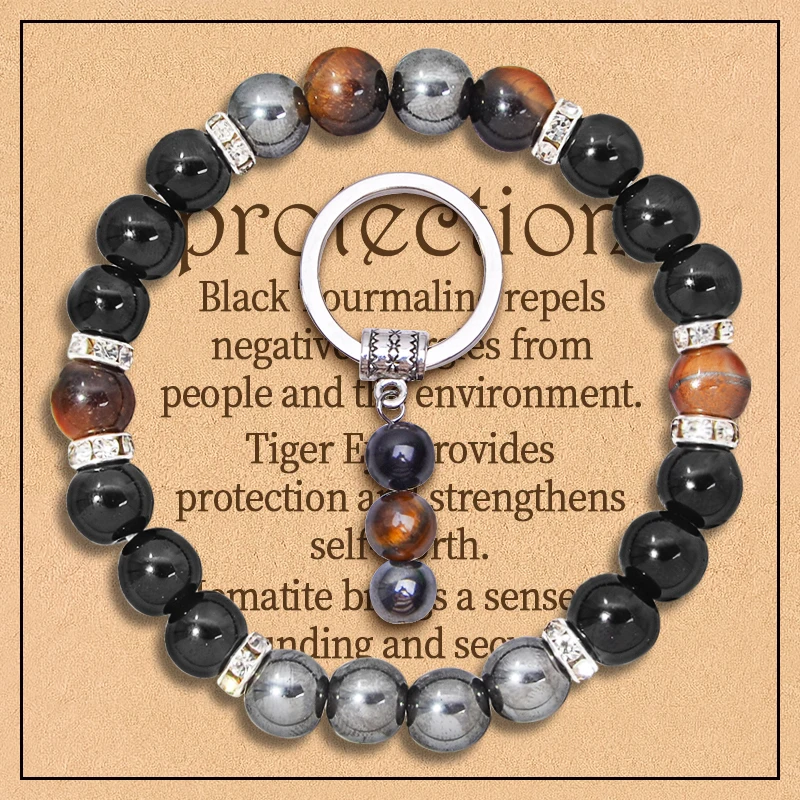 2PCS Healing Crystal Bracelet Keychain Set Healing Gem New Beginning Good Luck Bead Anxiety Relief
