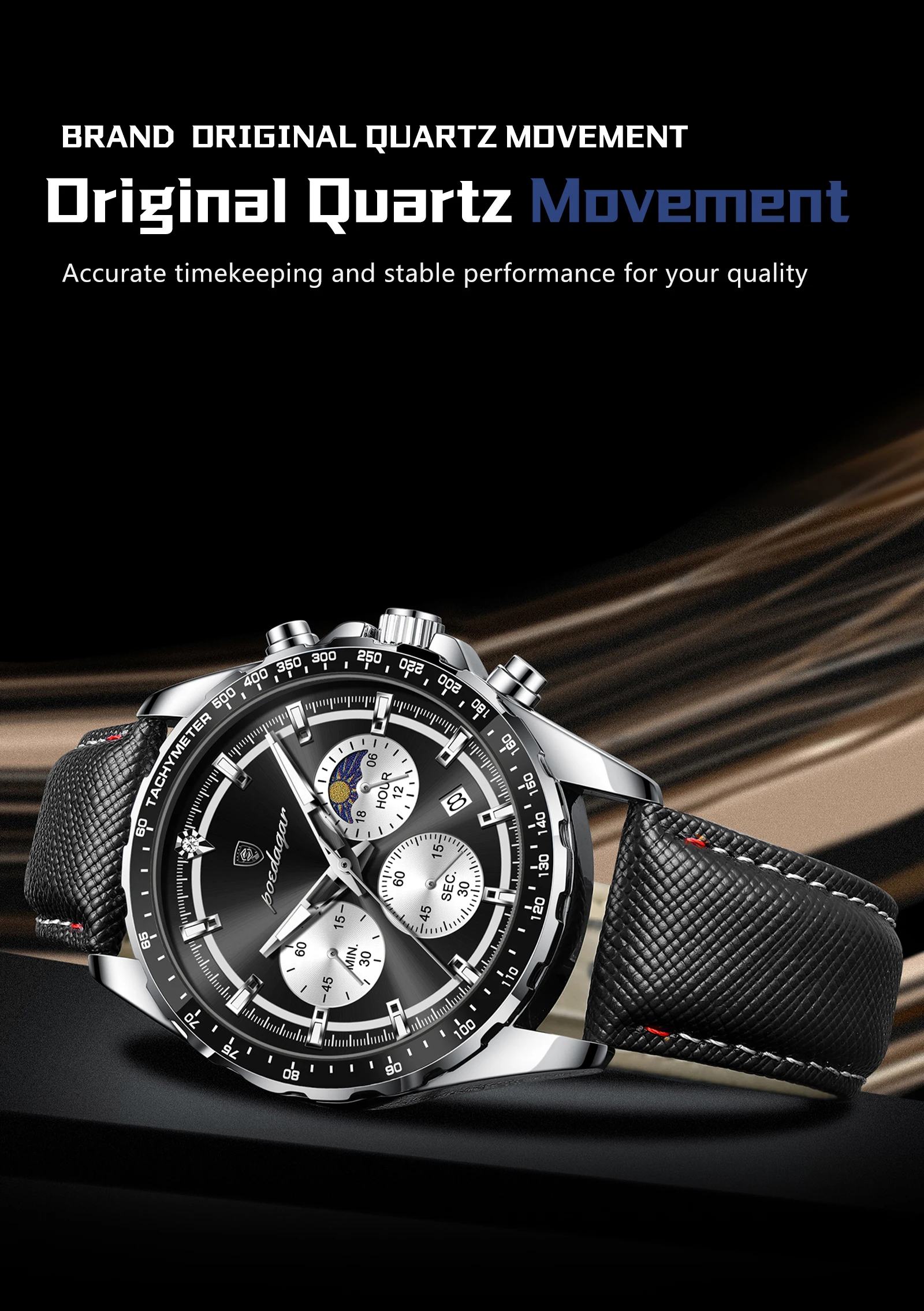POEDAGAR Top Original Herrenuhren Leuchtend Wasserdicht Modische Männeruhr Leder Chronograph Datum Quarz Sport Herren Armbanduhr – Detail 7