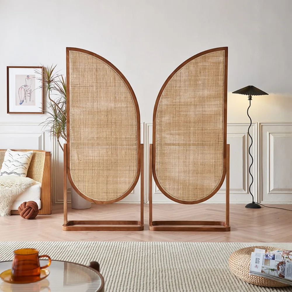 Nordic solid wood screen partition home entrance living room bedroom B&B mobile block retro Japanese rattan seat screen