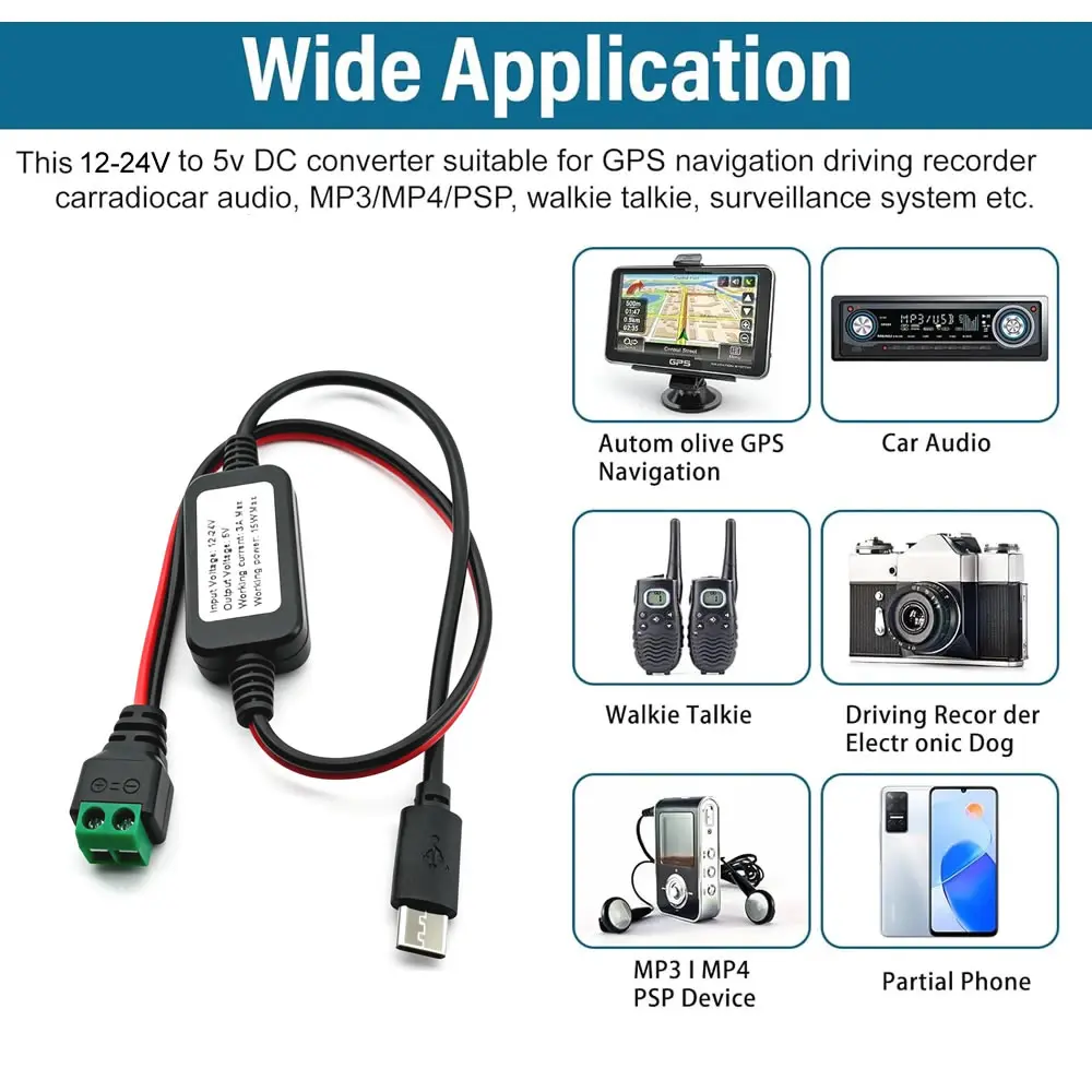 12V/24V to 5V Converter DC-DC Buck Module Power Adapter Cable 2pin Solderless Terminal to USB-A/Type-C Step Down Charging Cable view 3