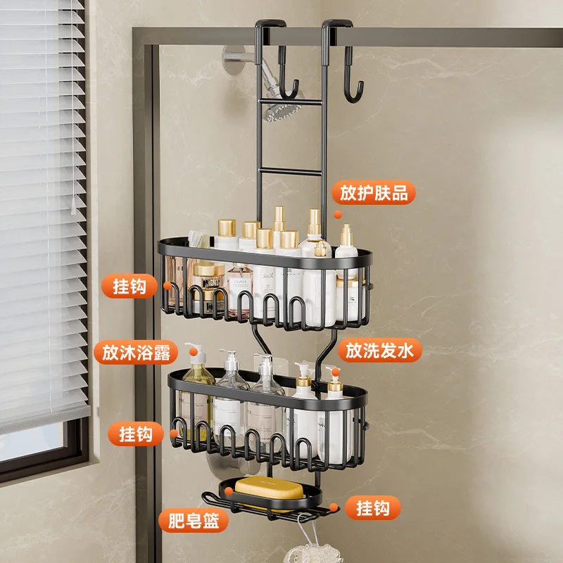 Bathroom mesh basket rack multifunctional storage rack hanging storage rack for kitchen and restroom, mounted behind the door