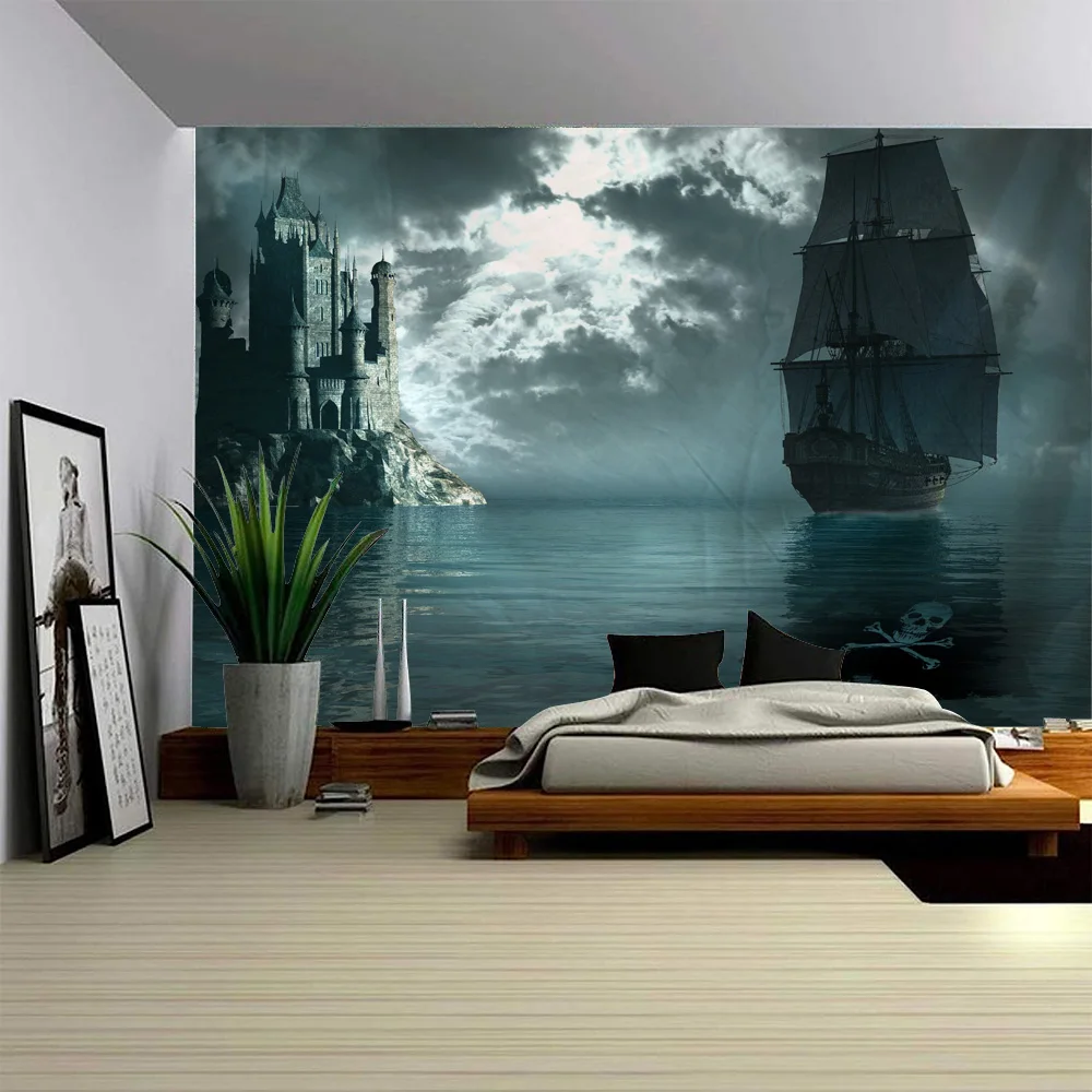 Navigation Landscape Tapestry Retro Pirate Ship Art Wall Hanging Fantasy Bohemian Aesthetics Decoration Room Art Wall Decoration