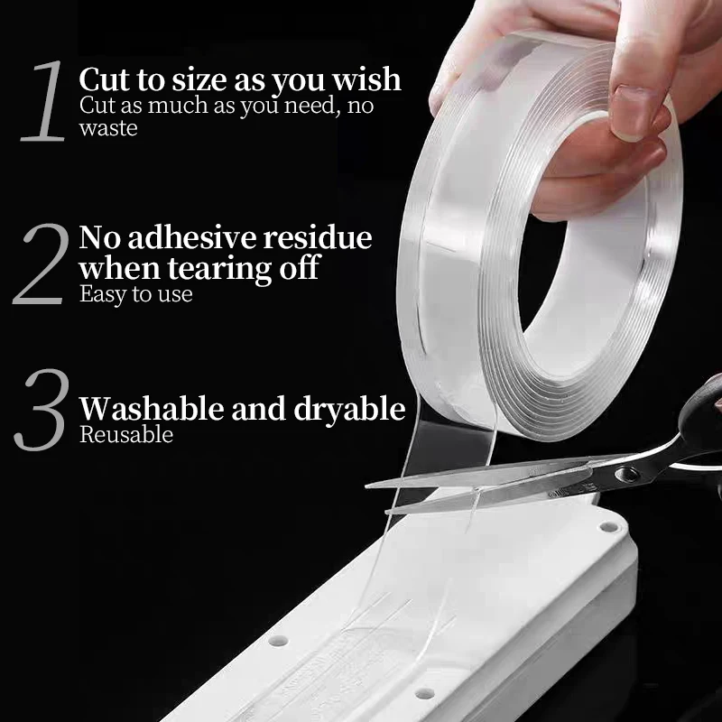 1/3/5M Ultra-strong Double-sided Adhesive Nano Tape Transparent Nano Reusable Washable Adhesive Tape Household Fixing Tape