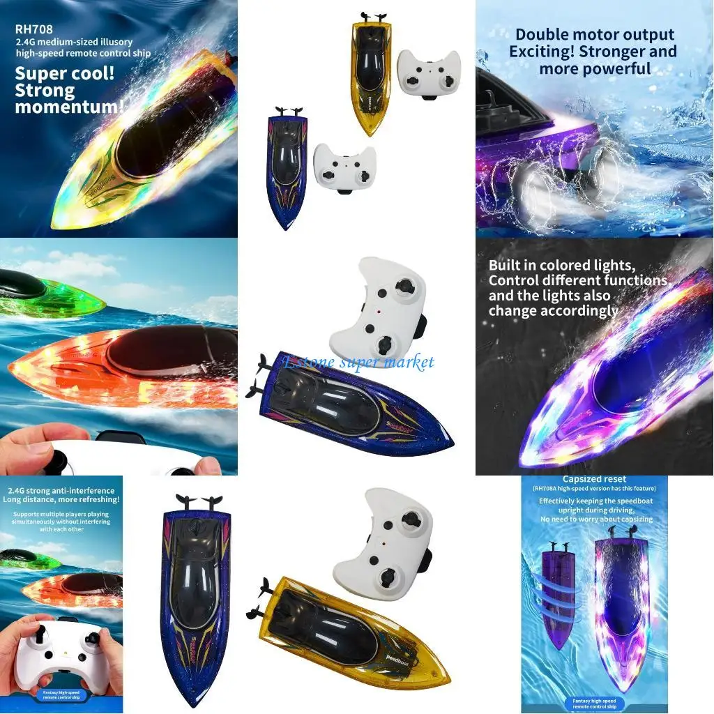 

090B Remote Control Boat LED Speedboat Toy for Pools Lakes Waterproof Remote Control High Speed Boats Child Summer Water Toy