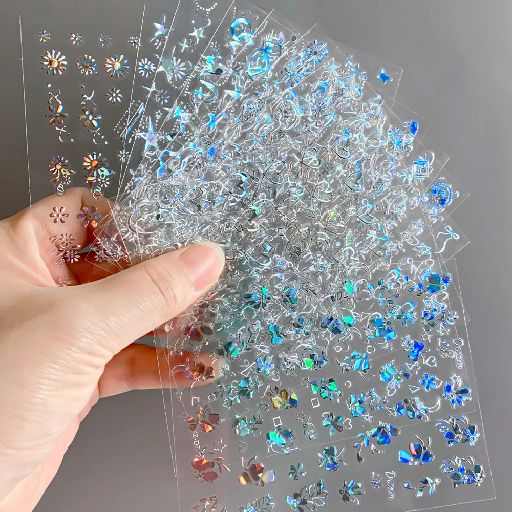 12 stuks 3D Y2K Laser Zilveren Strik Hart Ster Maan Nagelstickers Geometrische Nail Art Design Decals Zelfklevende Achterlijm Nageldecoratie*