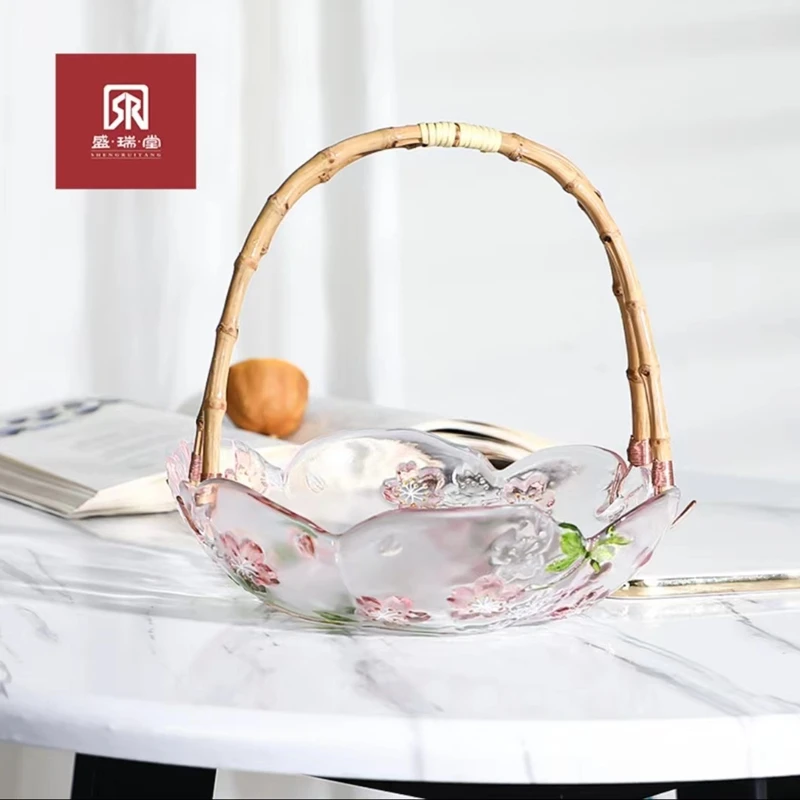 Pink Cherry Blossom Fruit Tray Bamboo Handle Glass Basket