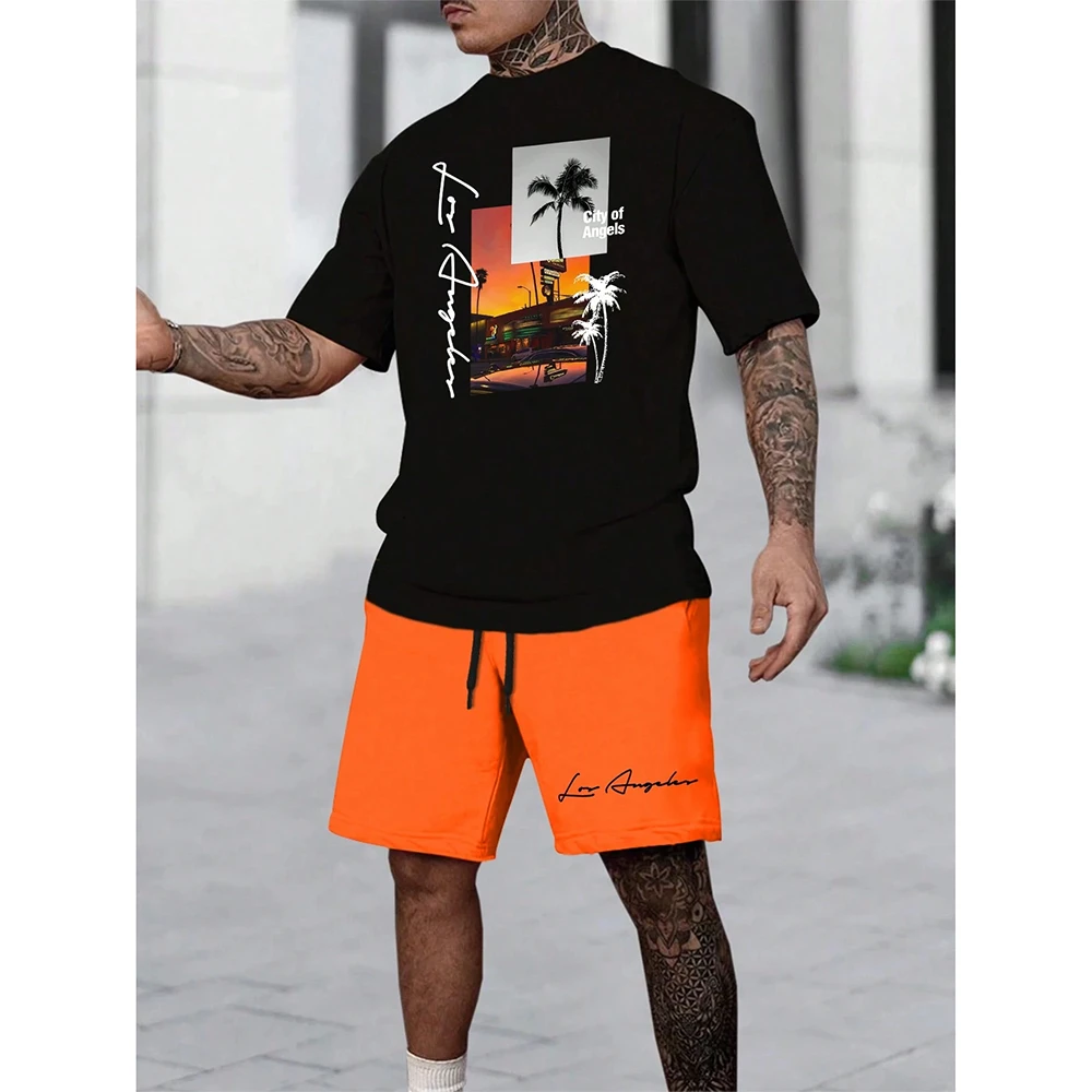 2024 New Men's Short Sleeve Top With Shorts Beach Style Drawstring Shorts 2-Piece Set 3d Coconut Tree Print T-Shirt Summer