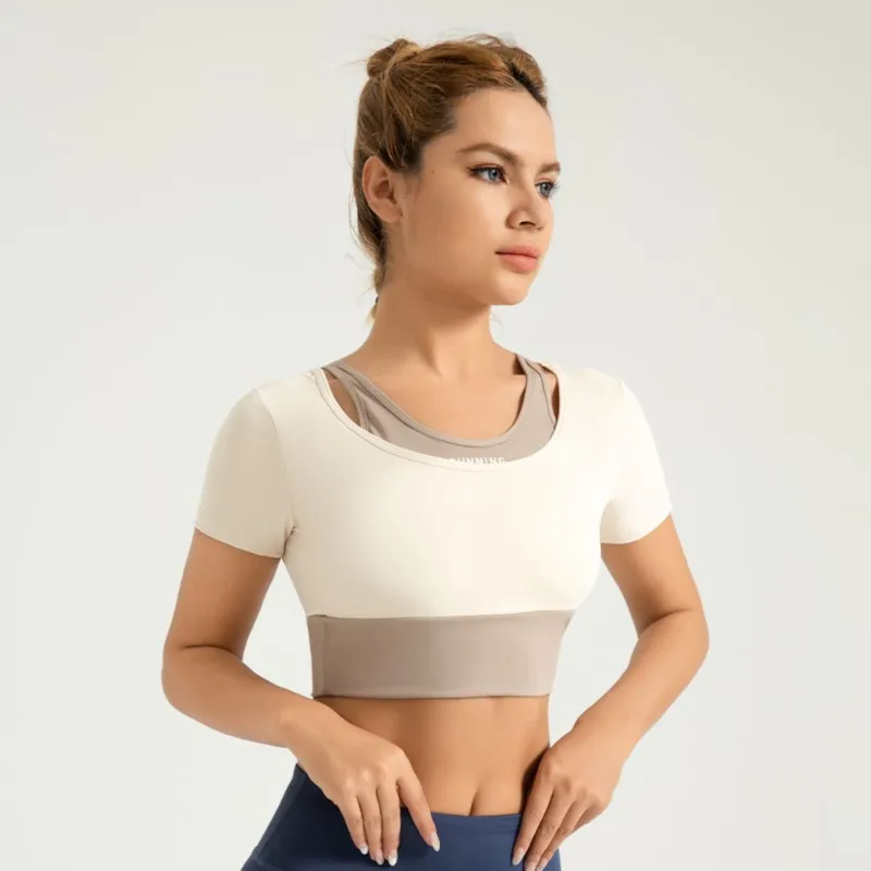 High Elasticand Hanging Neck Sports Tops Yoga Fitness Fake Two Piece 2024 Women Quick Drying Short Sleeve Zero binding Gym Tops