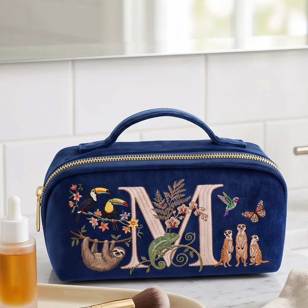 Marineblaue Kosmetiktasche aus Samt mit Imitationsstickerei, Buchstabenmuster und Tiermotiv, großes Fassungsvermögen, für Damen. – Detail 2