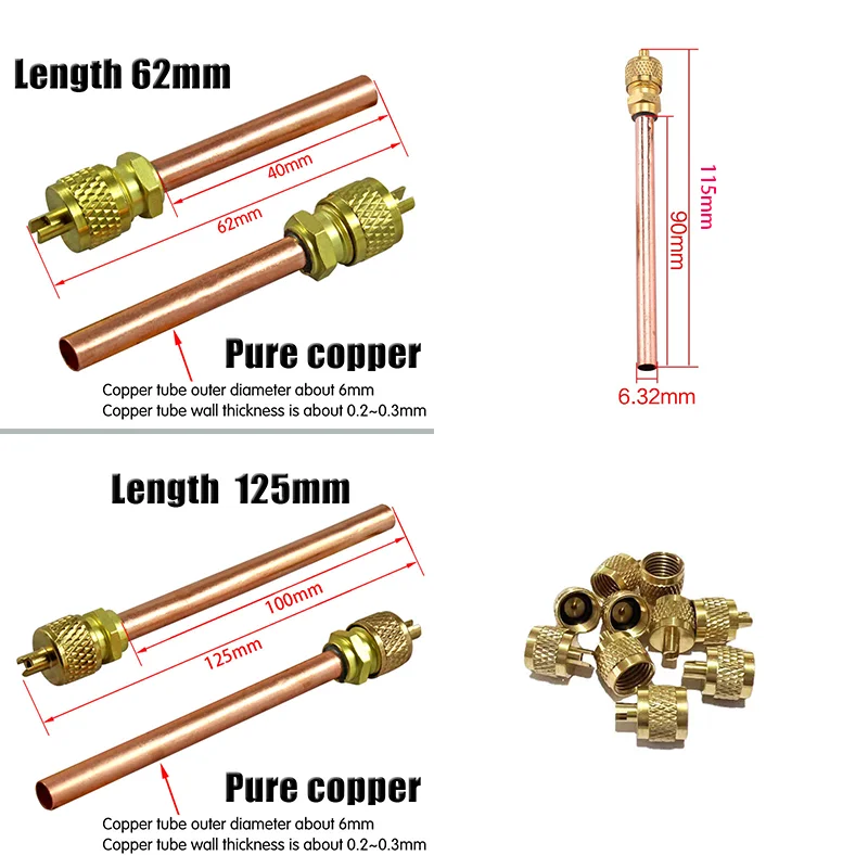 5PCS/Set  Air Conditioner Refrigeration 62mm 115mm 125mm Accessories Valves Copper Tube Filling Parts 3.4Mpa Home DIY Power Tool