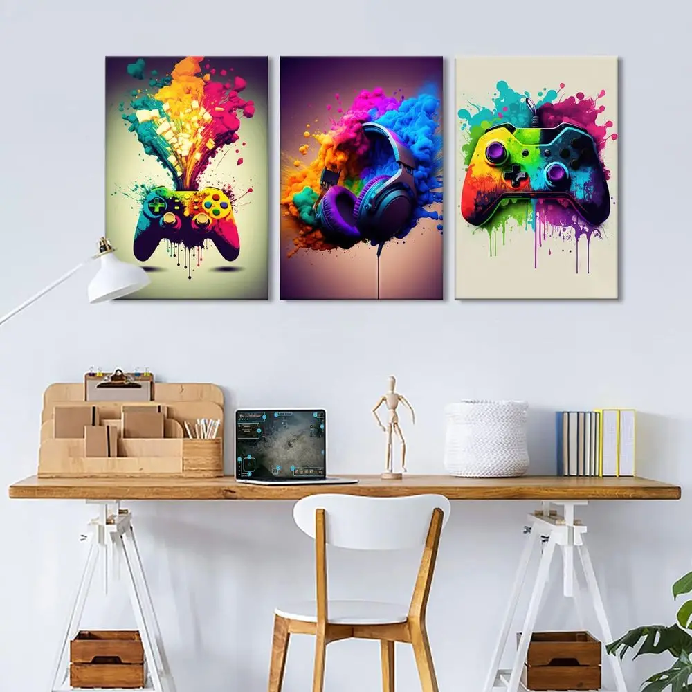 3-Piece Game Room Wall Art: Colorful Video Game Controller & Headphones Neon Prints, 16x24