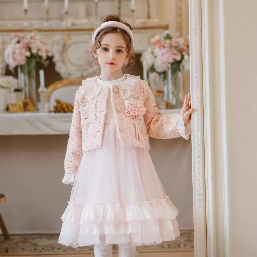 

Girl Two-piece Set 2024 Autumn and Winter New Children's Fluffy Yarn Tutu Dress Flower Wedding Clothes